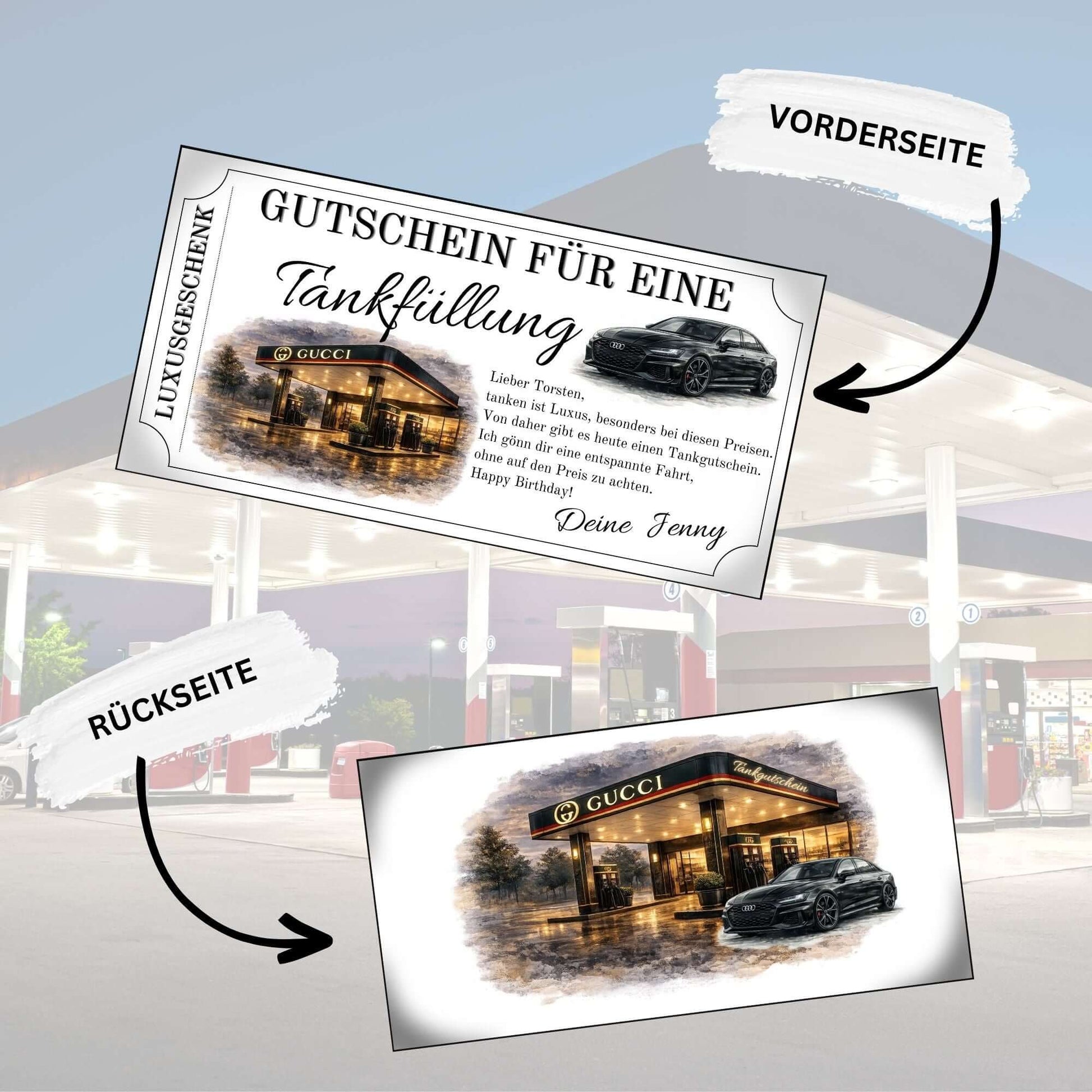 Tankgutschein für eine Tankfüllung von Gucci und Audi, doppeltes Luxusgeschenk für stilvolle Männer