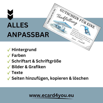 Tankgutschein zum Ausdrucken – Ein personalisierbarer Gutschein für eine Tankfüllung, anpassbar mit verschiedenen Optionen.