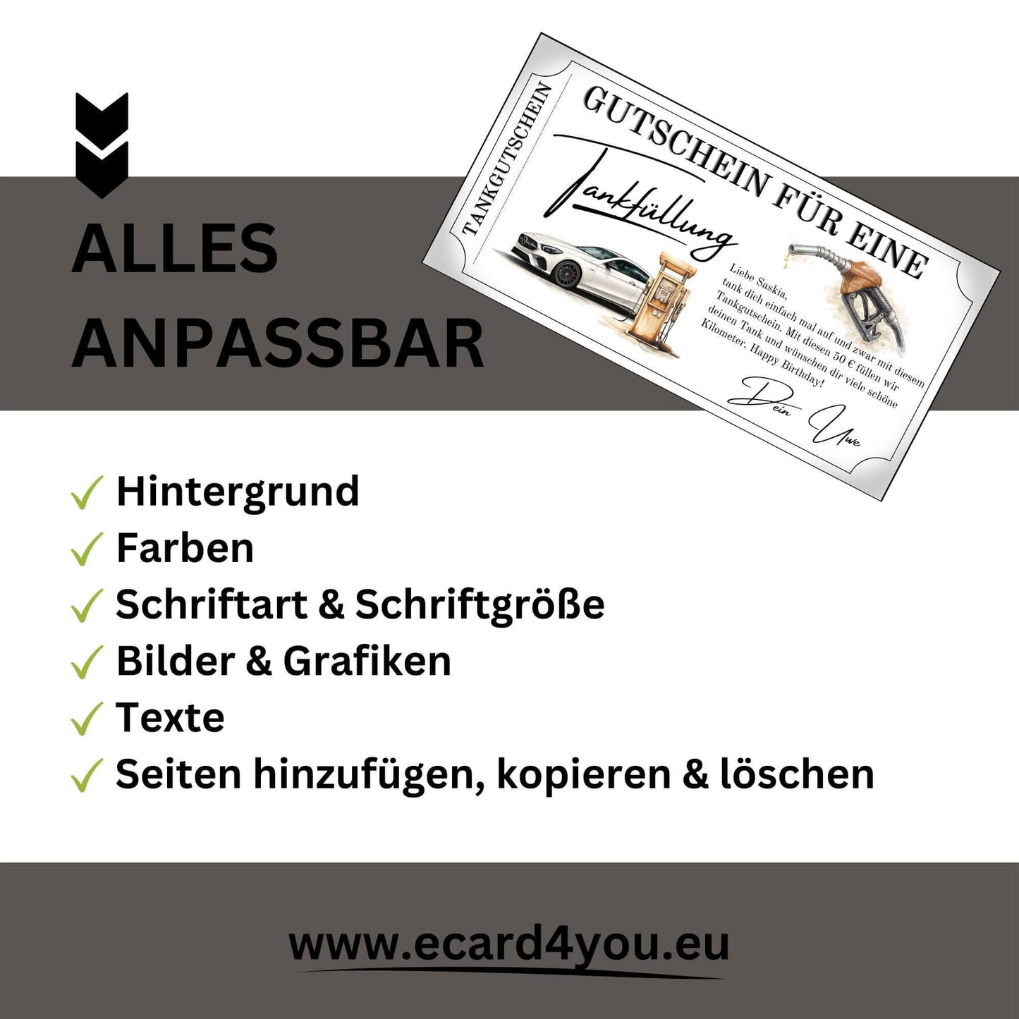 Tankgutschein Geschenk mit anpassbaren Optionen wie Schriftart, Farben, Bildern und Texten auf einem Gutschein.