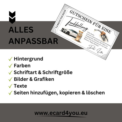 Tankgutschein Geschenk mit anpassbaren Optionen wie Schriftart, Farben, Bildern und Texten auf einem Gutschein.