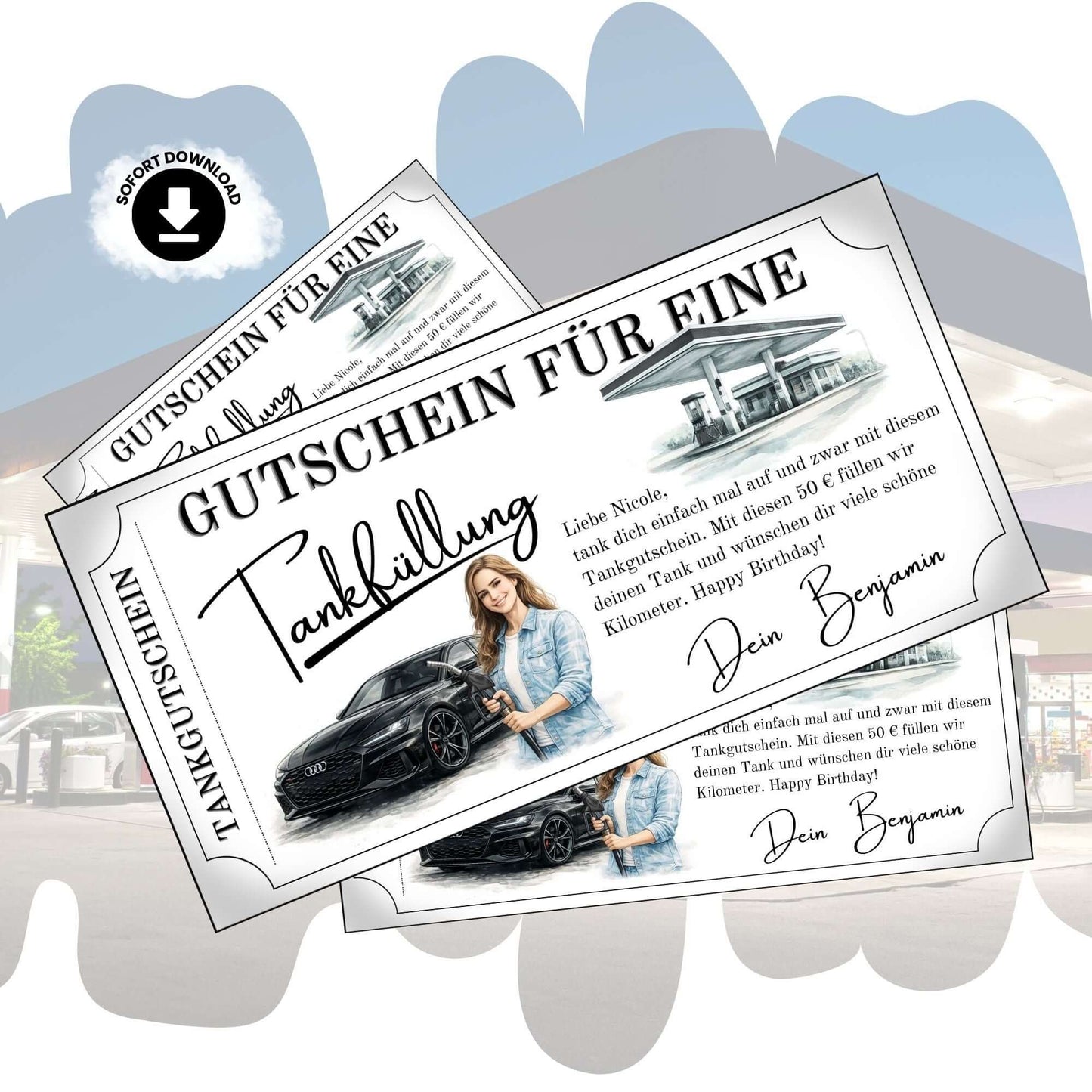 Tankgutschein für Frauen mit Audi-Design und persönlichem Gruß – perfektes Geschenk für Autofahrerinnen.