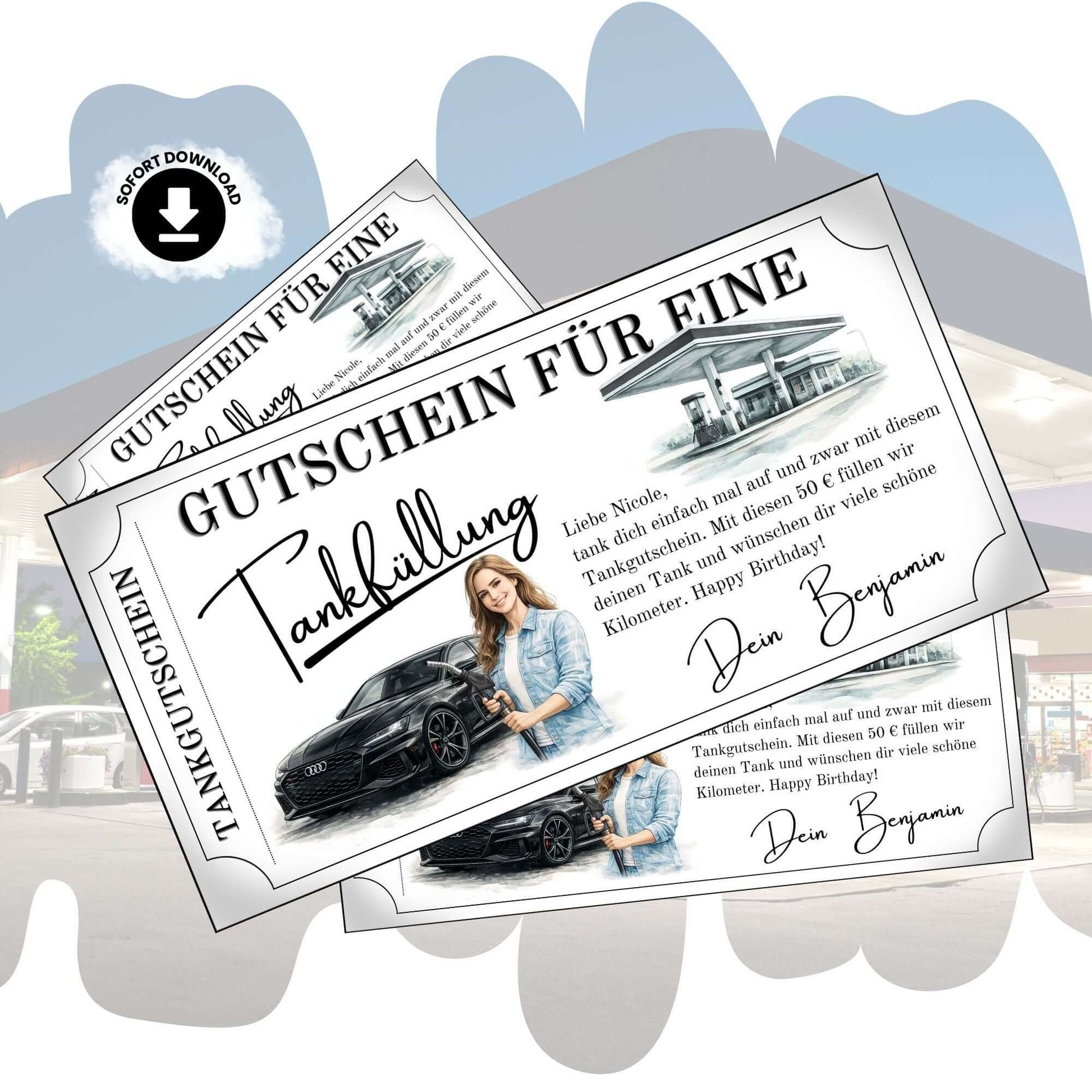 Tankgutschein für Frauen mit Audi-Design und persönlichem Gruß – perfektes Geschenk für Autofahrerinnen.
