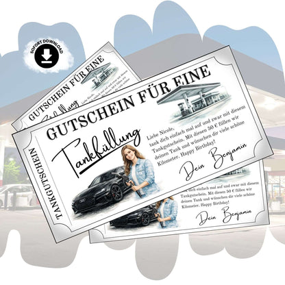 Tankgutschein für Frauen mit Audi-Design und persönlichem Gruß – perfektes Geschenk für Autofahrerinnen.