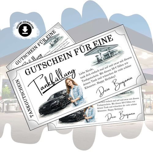 Tankgutschein für Frauen mit Audi-Design und persönlichem Gruß – perfektes Geschenk für Autofahrerinnen.