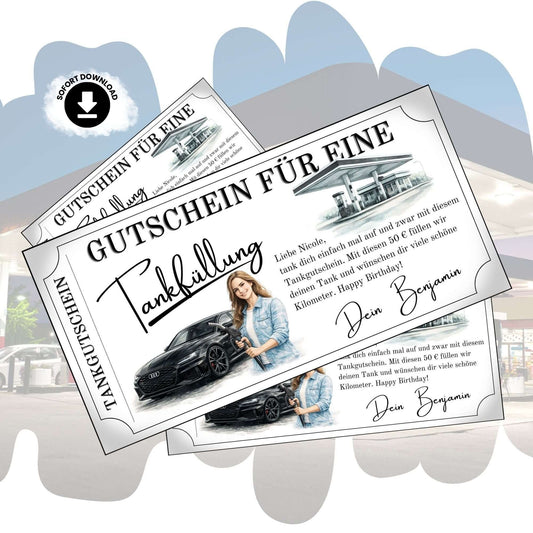 Tankgutschein für Frauen mit Audi-Design und persönlichem Gruß – perfektes Geschenk für Autofahrerinnen.