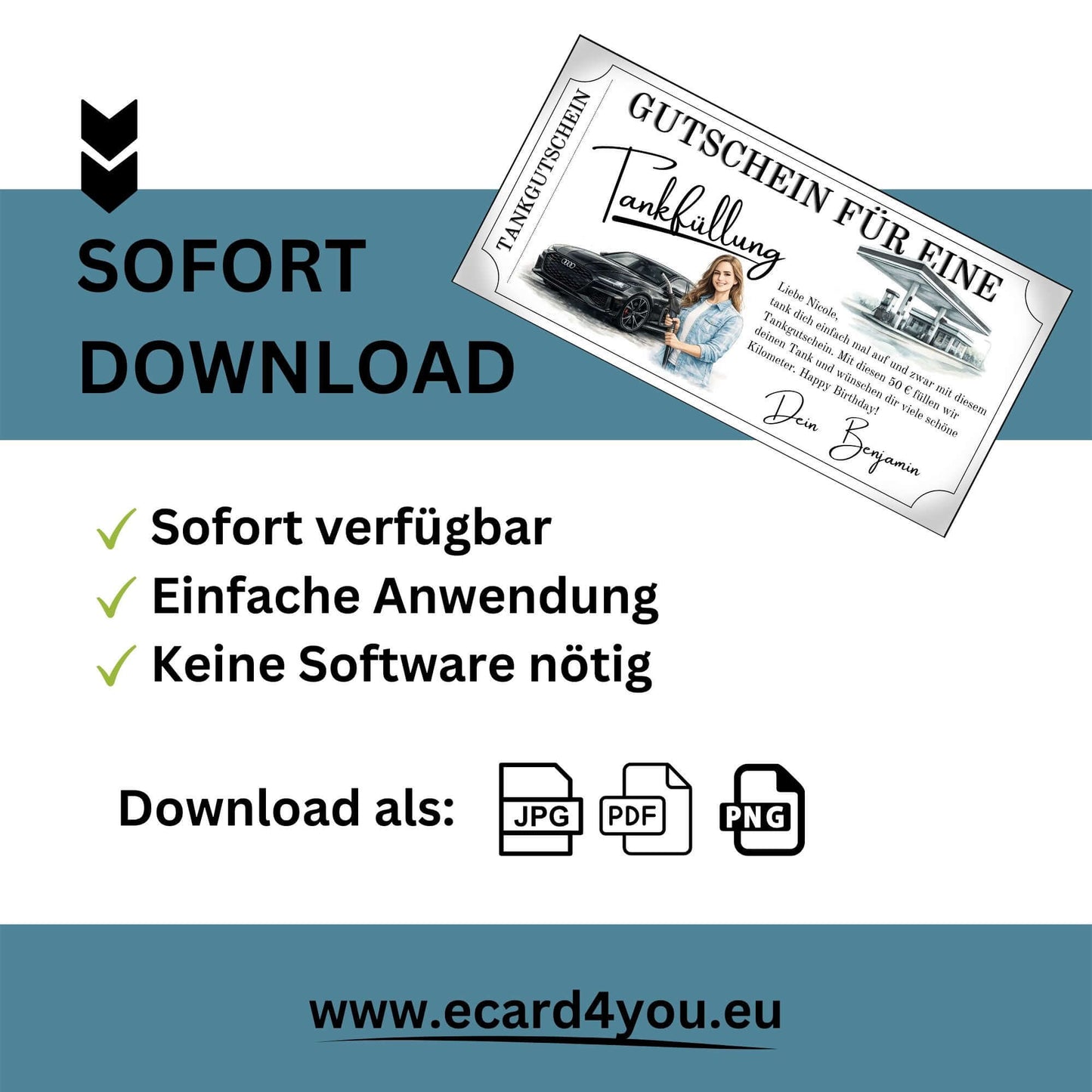 Tankgutschein zum Sofortdownload für Autofahrerinnen mit Audi-Flair und einfachen Anwendungshinweisen.