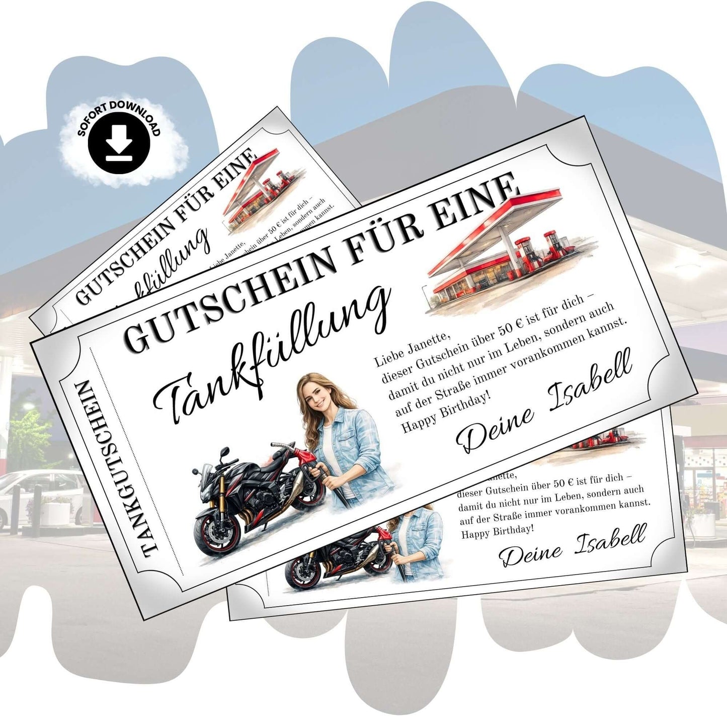 Tankgutschein für Frauen, Gutschein für eine Tankfüllung mit Motorrad und Bikerin.