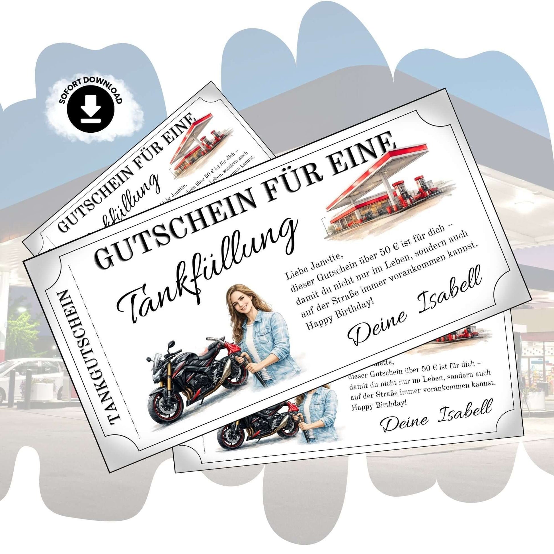 Tankgutschein für Frauen, Gutschein für eine Tankfüllung mit Motorrad und Bikerin.