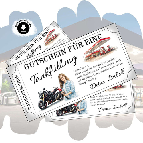Tankgutschein für Frauen, Gutschein für eine Tankfüllung mit Motorrad und Bikerin.