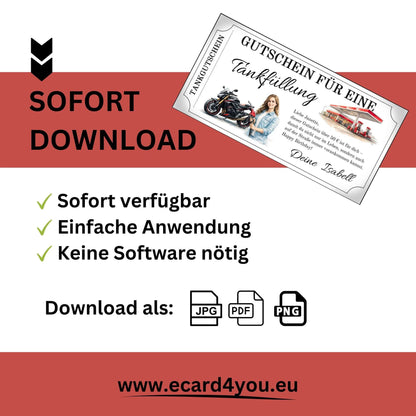 Tankgutschein für Frauen, sofort Download verfügbar, einfache Anwendung, keine Software nötig, Gutschein für Tankfüllung