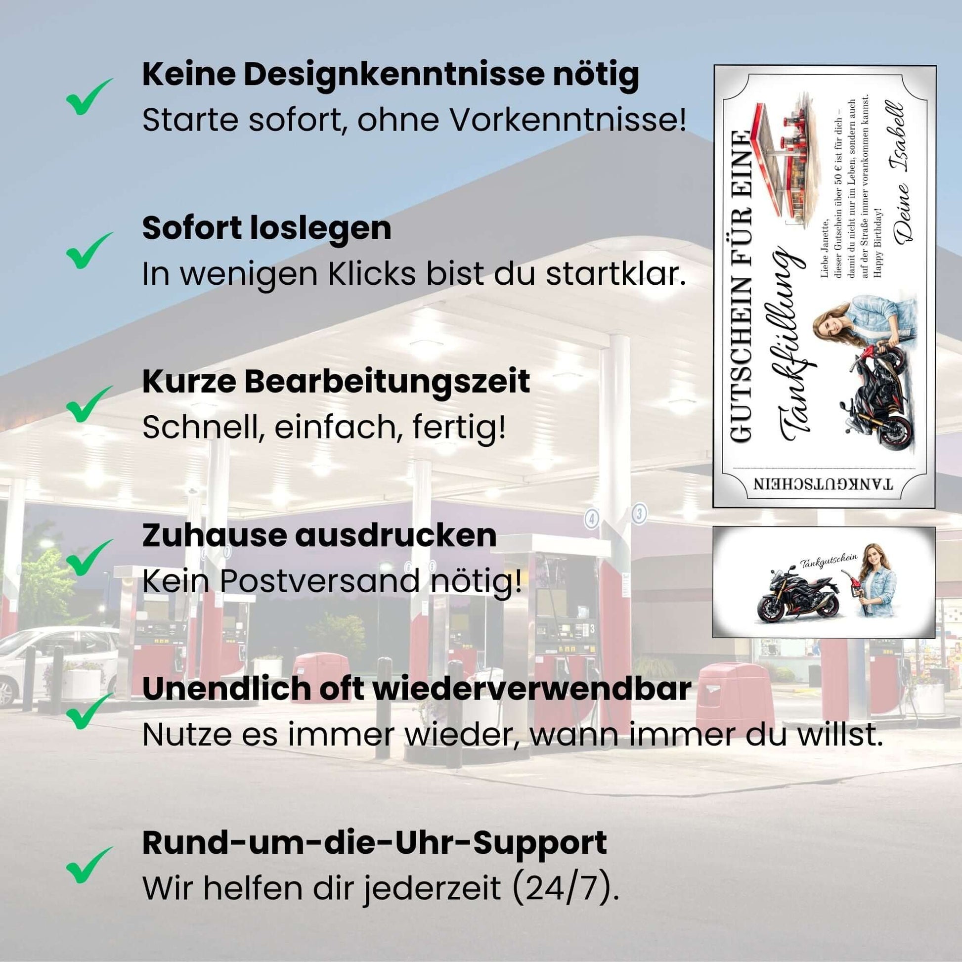 Tankgutschein für Frauen – unkompliziert tanken mit sofortiger Auslosung und 24/7 Support.