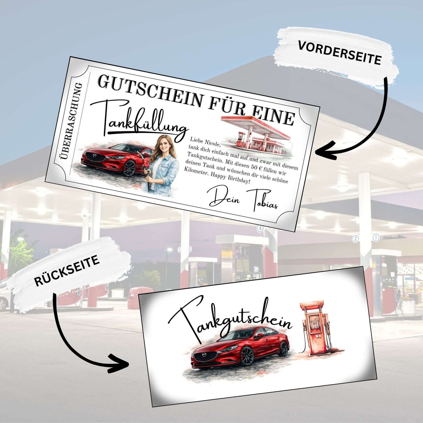 Tankgutschein Überraschung – druckbarer Gutschein mit Vorder- und Rückseite, Freude mit Tankfüllung.