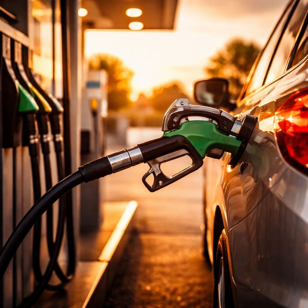 Auto wird an moderner Tankstelle bei Sonnenuntergang betankt – Tankgutschein Geburtstag ausdrucken und verschenken