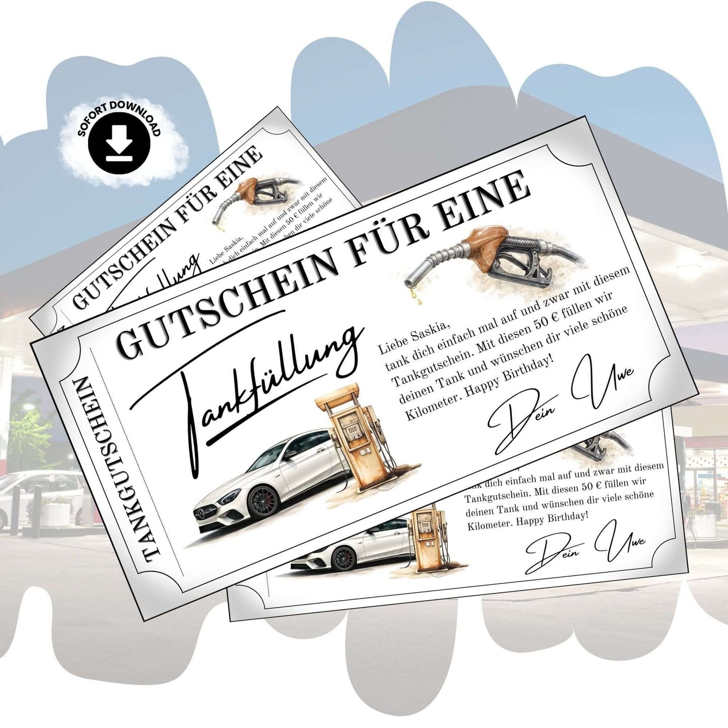 Tankgutschein Geschenk mit Auto und Tankstelle, personalisierbar und druckbar, für freie Fahrt.