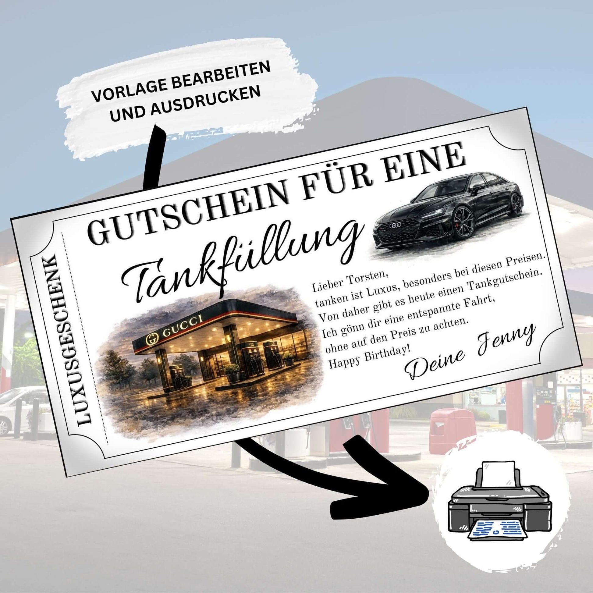 Tankgutschein für eine Tankfüllung mit Gucci und Audi – Luxusgeschenk für Männer, druckbar.