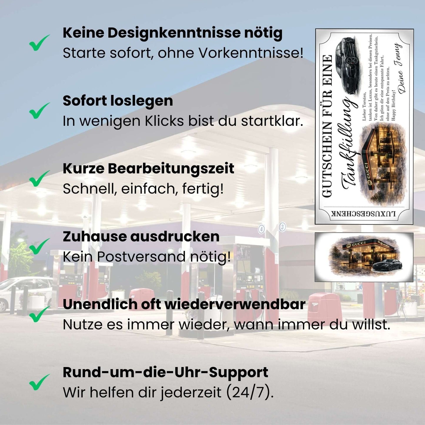 Tankgutschein für eine Tankfüllung, Vorteile und schnelle Bearbeitungszeit, druckbar von Zuhause.