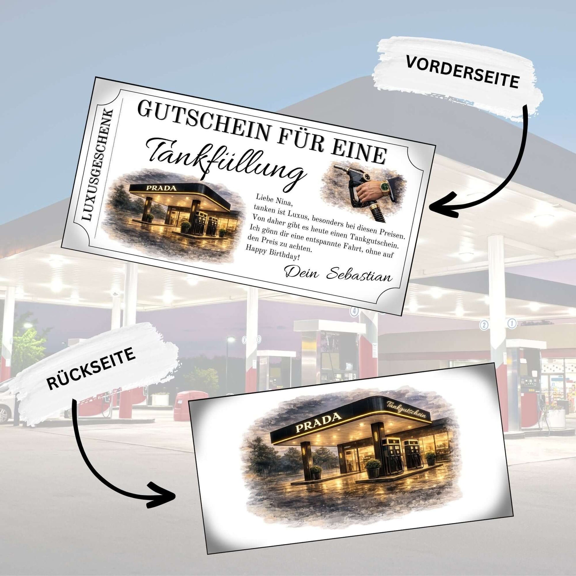 Luxus Tankgutschein in schwarz und gold für eine Tankfüllung an einer Prada Tankstelle.