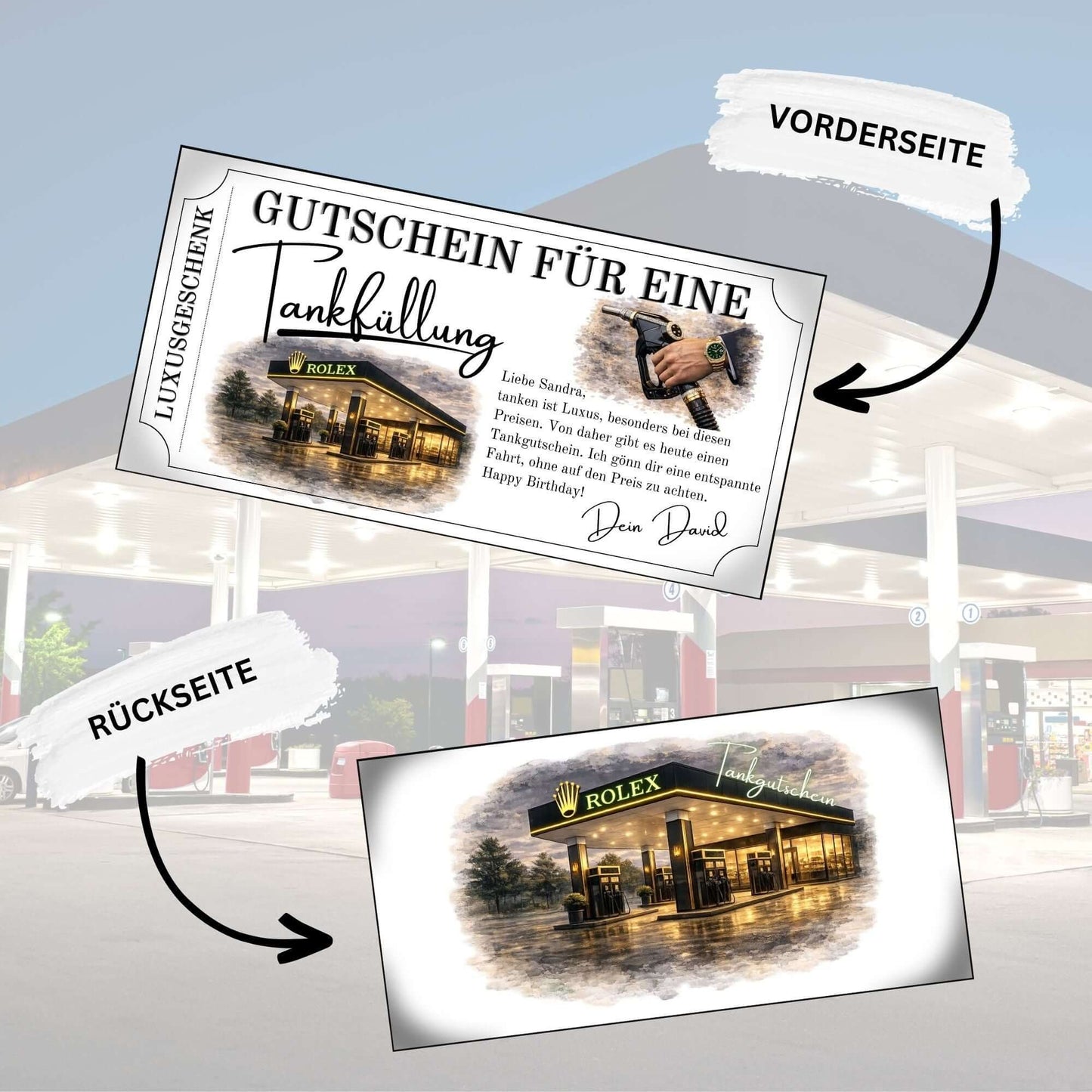 Luxus Tankgutschein – Vorder- und Rückseite des personalisierbaren Tankgutscheins bei einer Tankstelle.