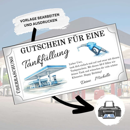 Tankgutschein für eine Tankfüllung – personalisierbarer Gutschein zum Ausdrucken mit einem Tankstellenmotiv.