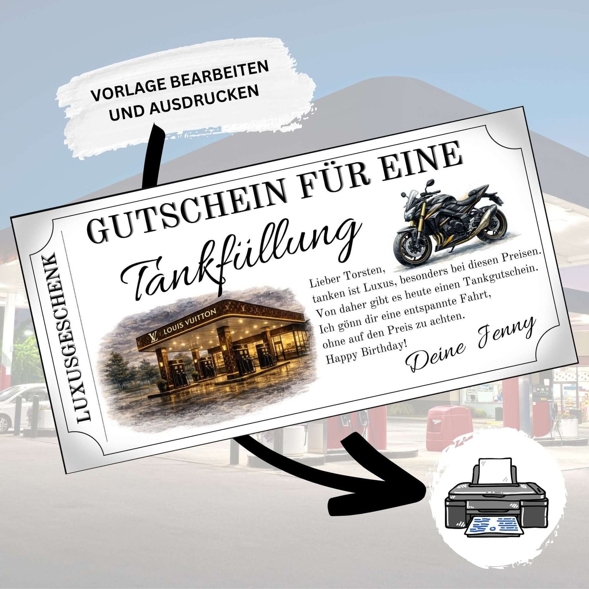 Tankgutschein Louis Vuitton – Gutschein für eine Tankfüllung, personalisiert und zum Ausdrucken.