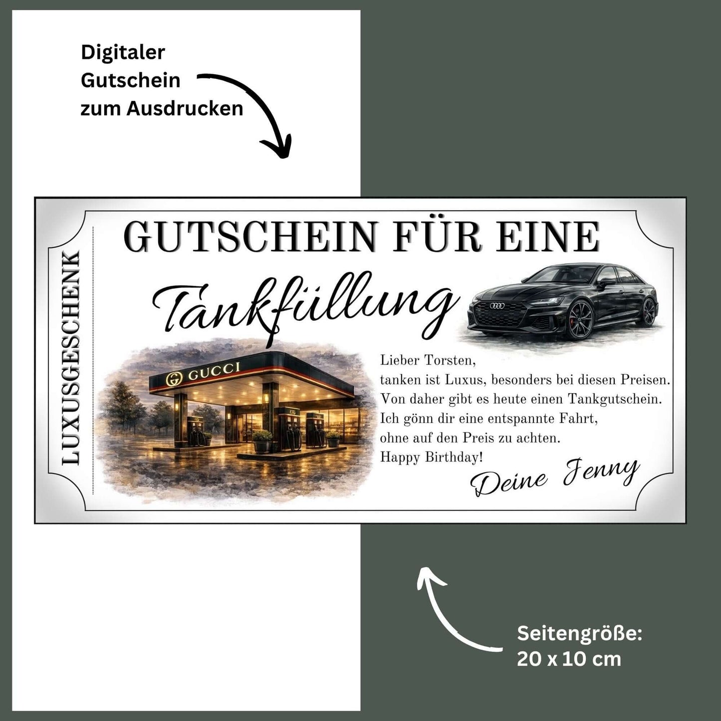 Tankgutschein Gucci Audi – digitaler Gutschein zum Ausdrucken für eine Tankfüllung, 20 x 10 cm groß.