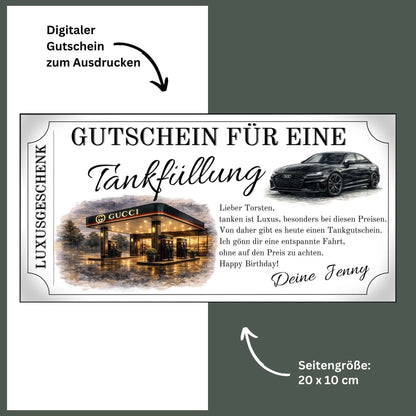 Tankgutschein Gucci Audi – digitaler Gutschein zum Ausdrucken für eine Tankfüllung, 20 x 10 cm groß.