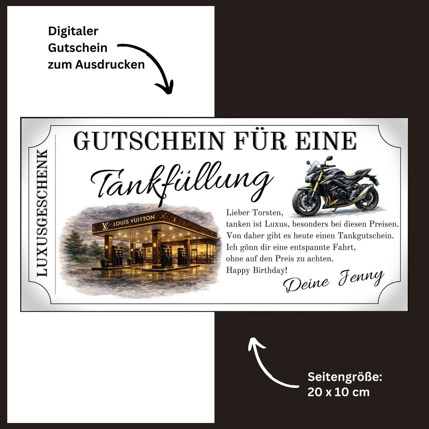 Digitale Gutschein für eine Tankfüllung von Louis Vuitton für Biker – Tankgutschein Geschenkidee