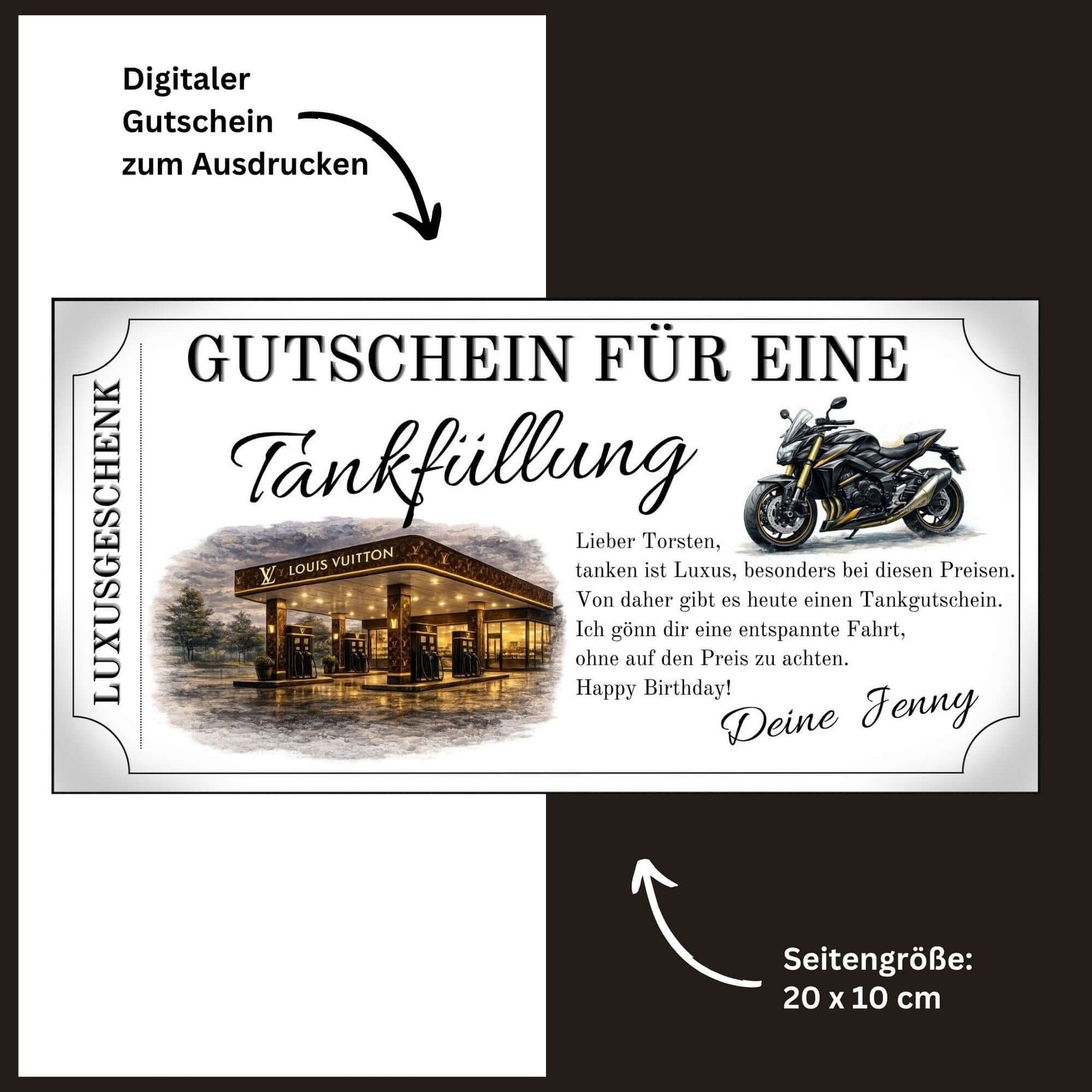 Digitale Gutschein für eine Tankfüllung von Louis Vuitton für Biker – Tankgutschein Geschenkidee