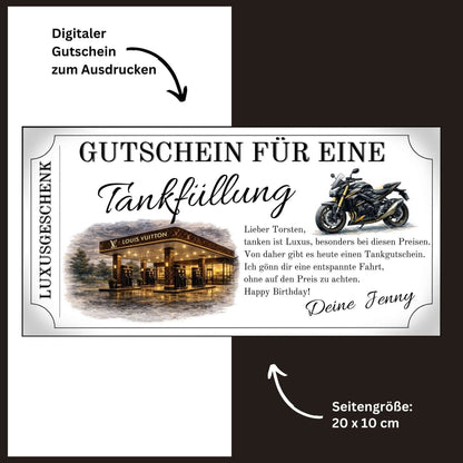 Digitale Gutschein für eine Tankfüllung von Louis Vuitton für Biker – Tankgutschein Geschenkidee
