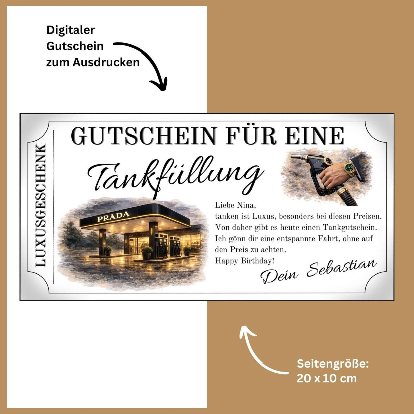 Tankgutschein Luxusgeschenk mit Prada Tankstelle und digitalem Gutschein zum Ausdrucken.