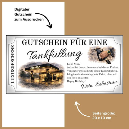 Tankgutschein Luxusgeschenk mit Prada Tankstelle und digitalem Gutschein zum Ausdrucken.