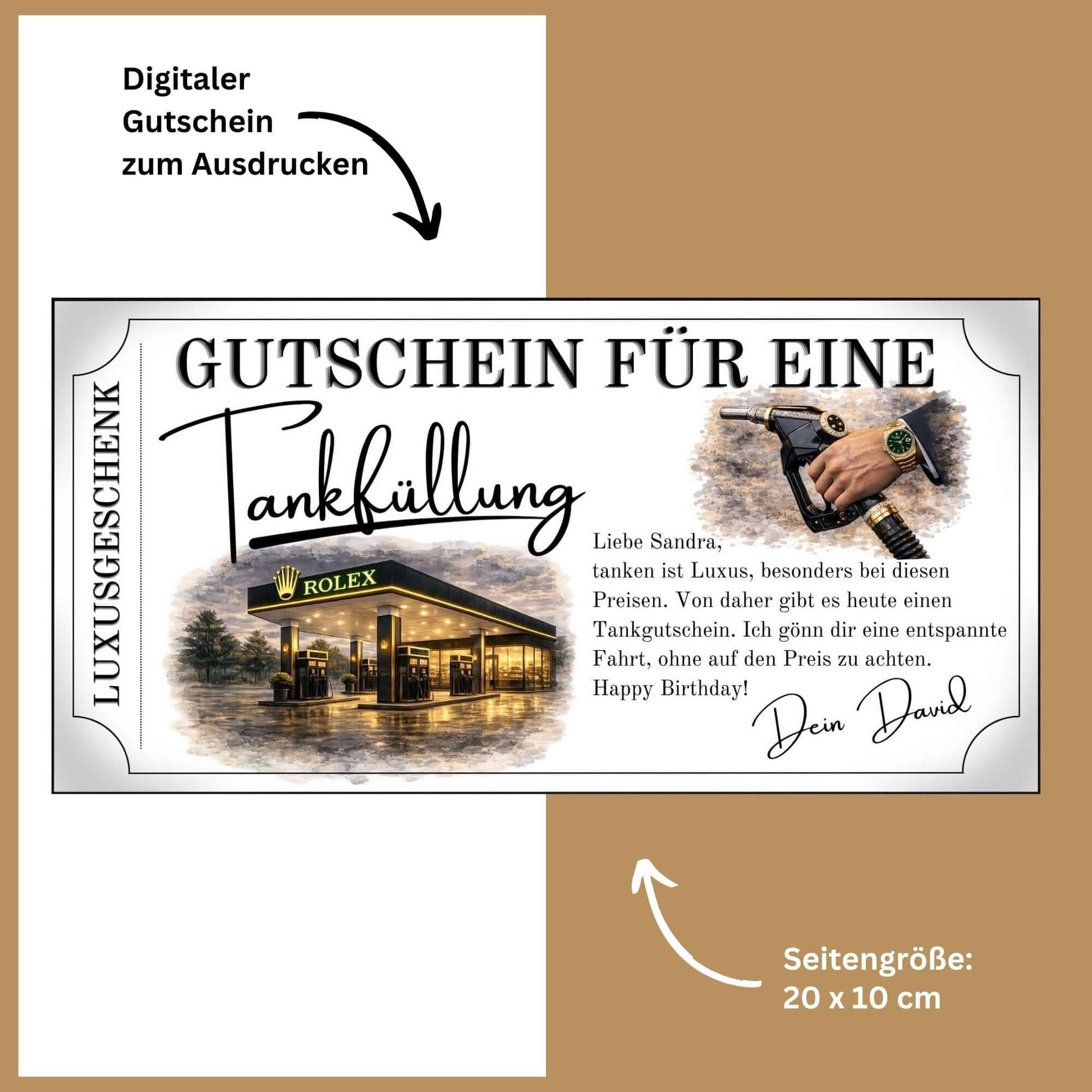 Luxus Tankgutschein für eine Tankfüllung, digitaler Gutschein zum Ausdrucken mit personalisiertem Text.