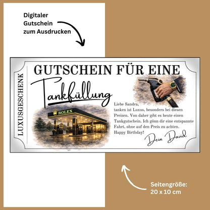Luxus Tankgutschein für eine Tankfüllung, digitaler Gutschein zum Ausdrucken mit personalisiertem Text.