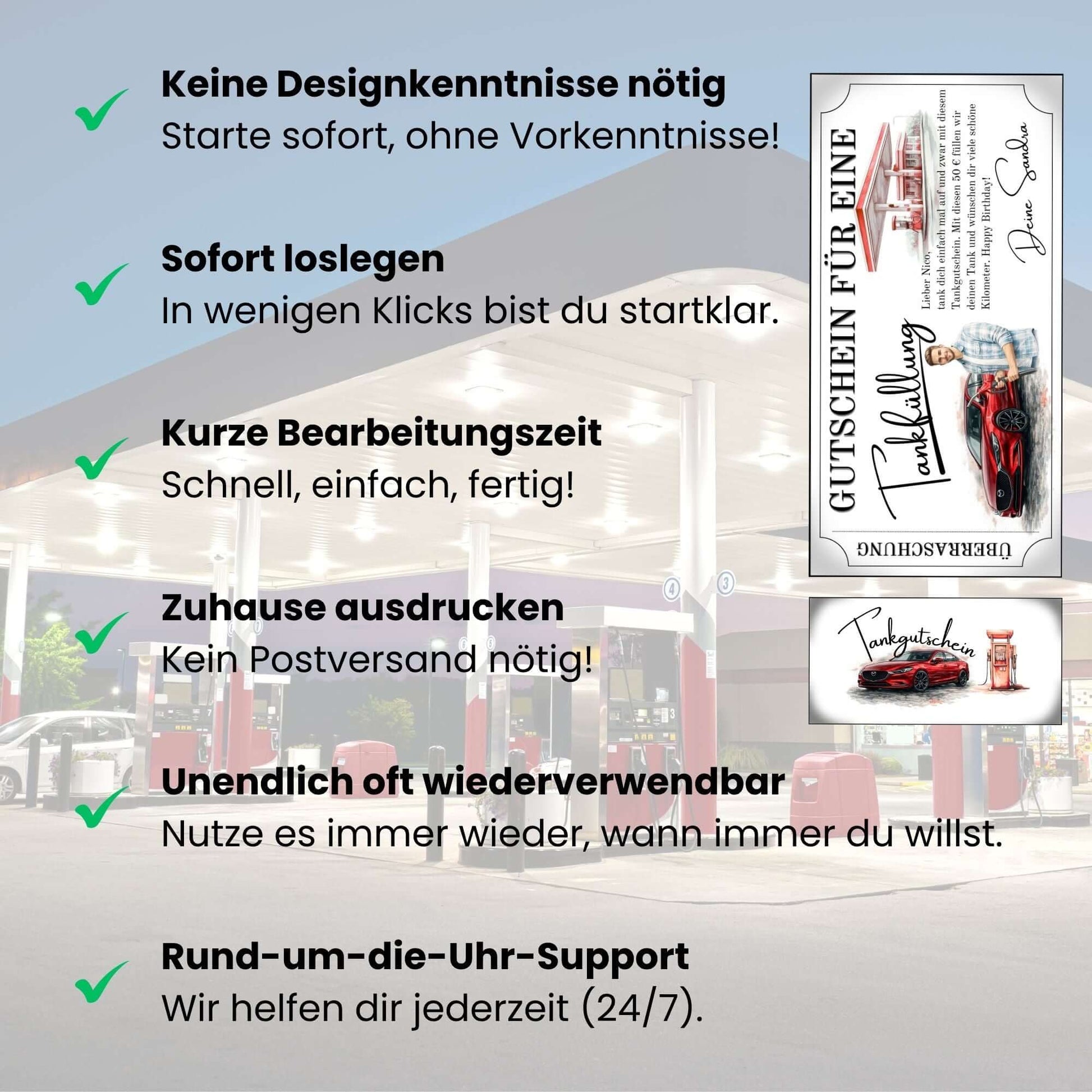 Tankgutschein für Männer – Überraschung mit rotem Mazda, druckbar, ideal für persönliche Geschenke.