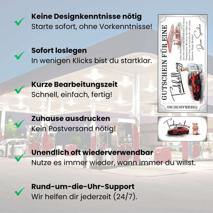 Tankgutschein für Männer – Überraschung mit rotem Mazda, druckbar, ideal für persönliche Geschenke.