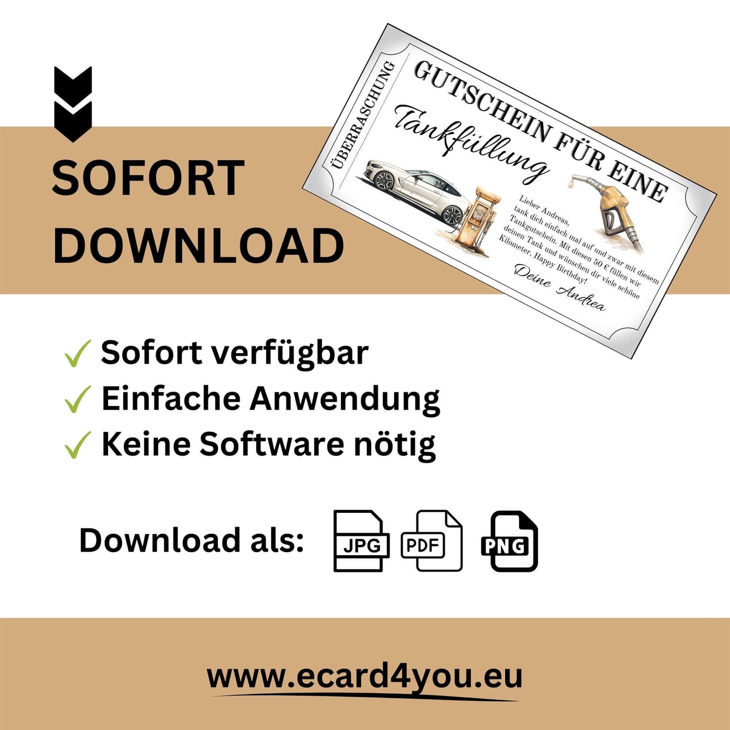 Tankgutschein für Männer als sofort herunterladbarer Gutschein für eine Tankfüllung