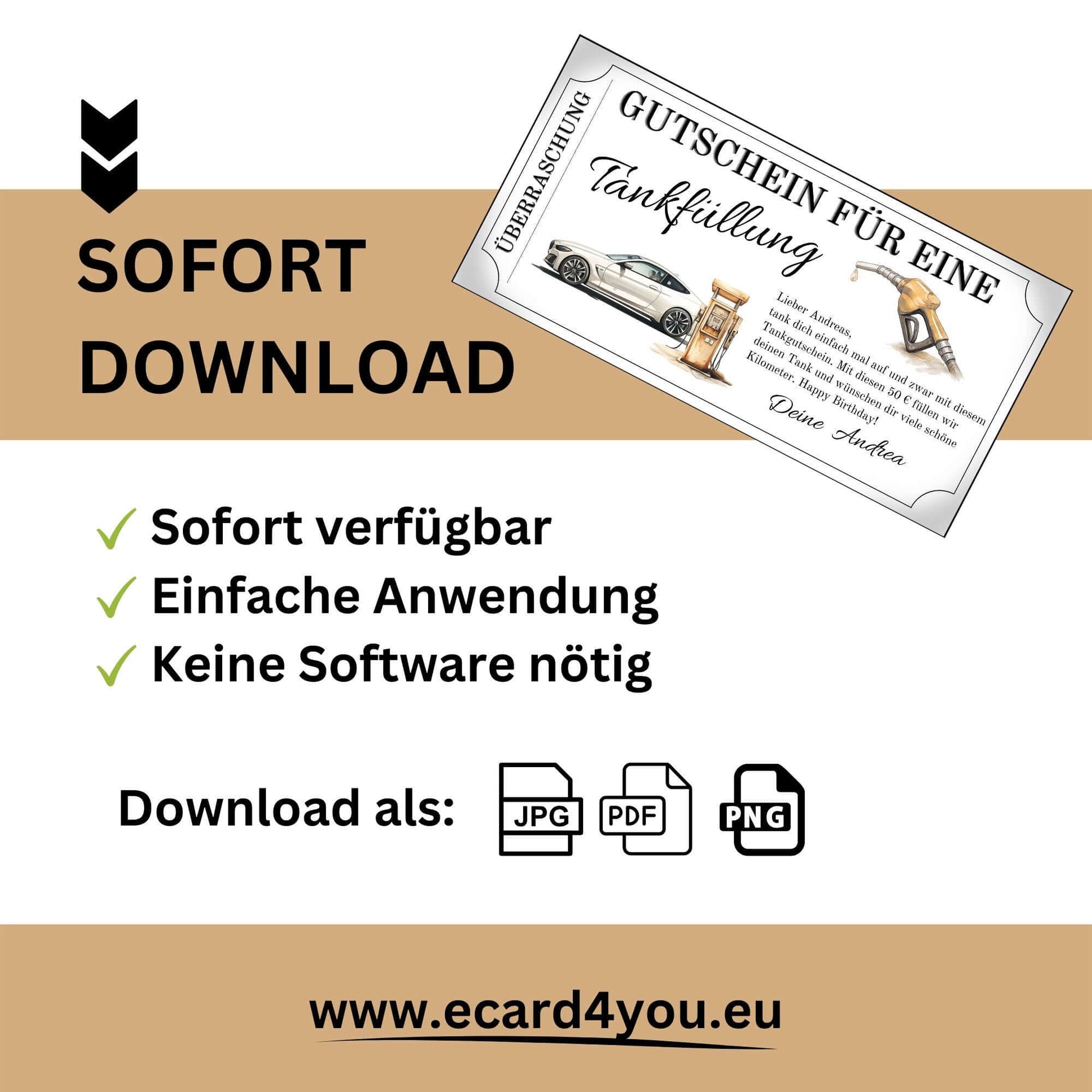 Tankgutschein für Männer als sofort herunterladbarer Gutschein für eine Tankfüllung