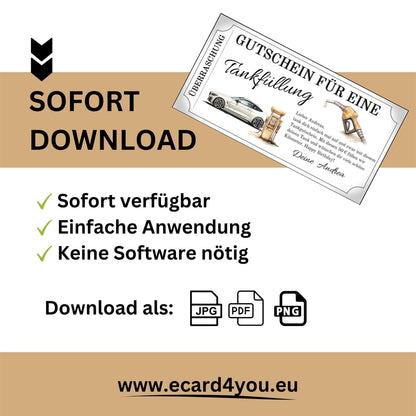 Tankgutschein für Männer als sofort herunterladbarer Gutschein für eine Tankfüllung
