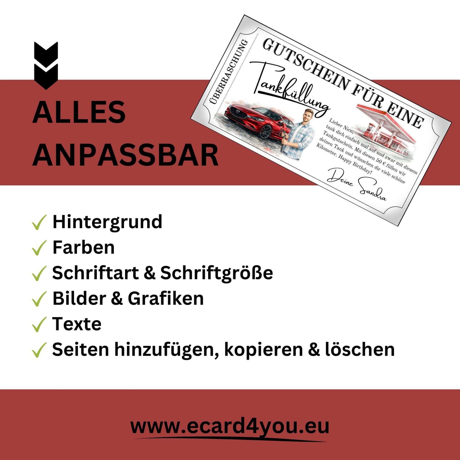 Tankgutschein als anpassbarer Gutschein für Männer mit rotem Mazda und vielen Anpassungsmöglichkeiten.
