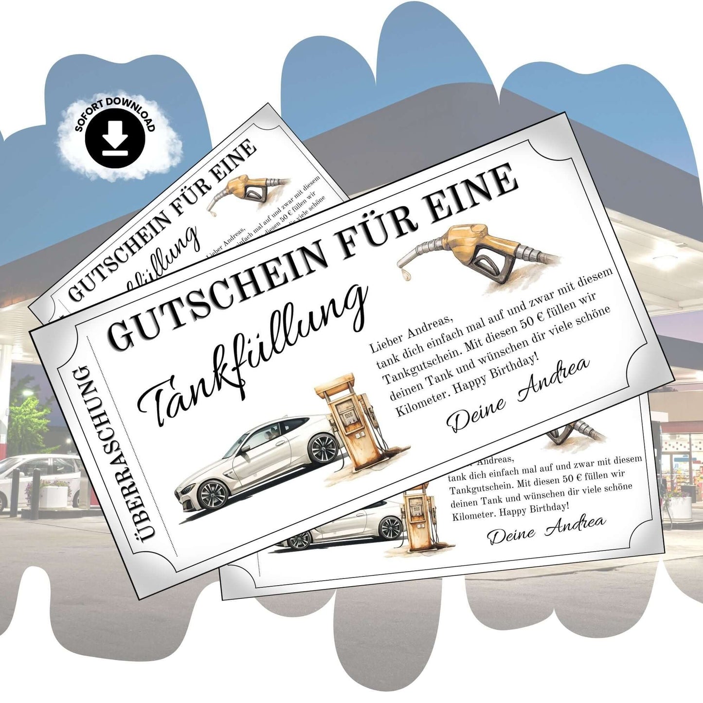 Tankgutschein Mann – Gutschein für eine Tankfüllung mit stilvollem Design, perfekt als Geschenk für Autofahrer.