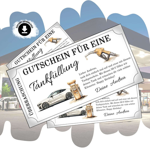 Tankgutschein Mann – Gutschein für eine Tankfüllung mit stilvollem Design, perfekt als Geschenk für Autofahrer.