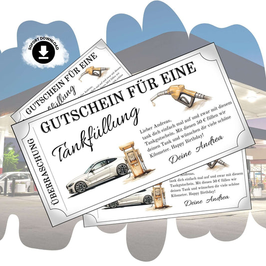 Tankgutschein Mann – Gutschein für eine Tankfüllung mit stilvollem Design, perfekt als Geschenk für Autofahrer.