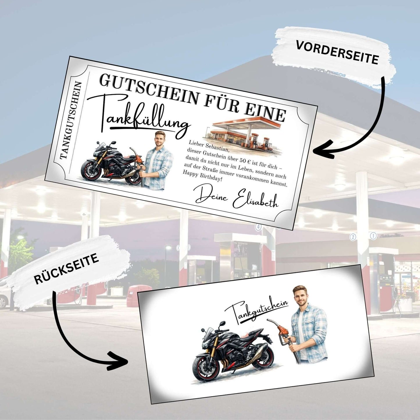 Tankgutschein Motorrad auf Gutschein für eine Tankfüllung, ideal als Geschenk für Biker und Männer.