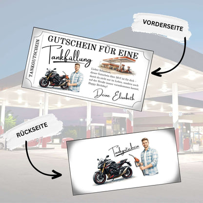 Tankgutschein Motorrad auf Gutschein für eine Tankfüllung, ideal als Geschenk für Biker und Männer.