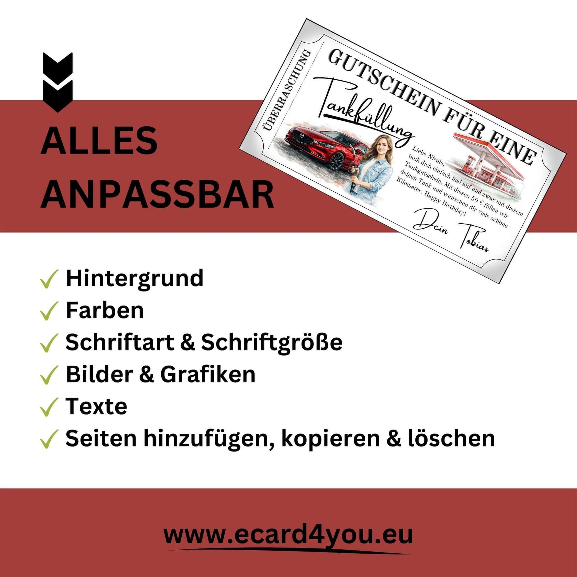 Tankgutschein Überraschung – Rot, druckbar & persönlich mit anpassbaren Optionen für Hintergrund, Farben und Texte