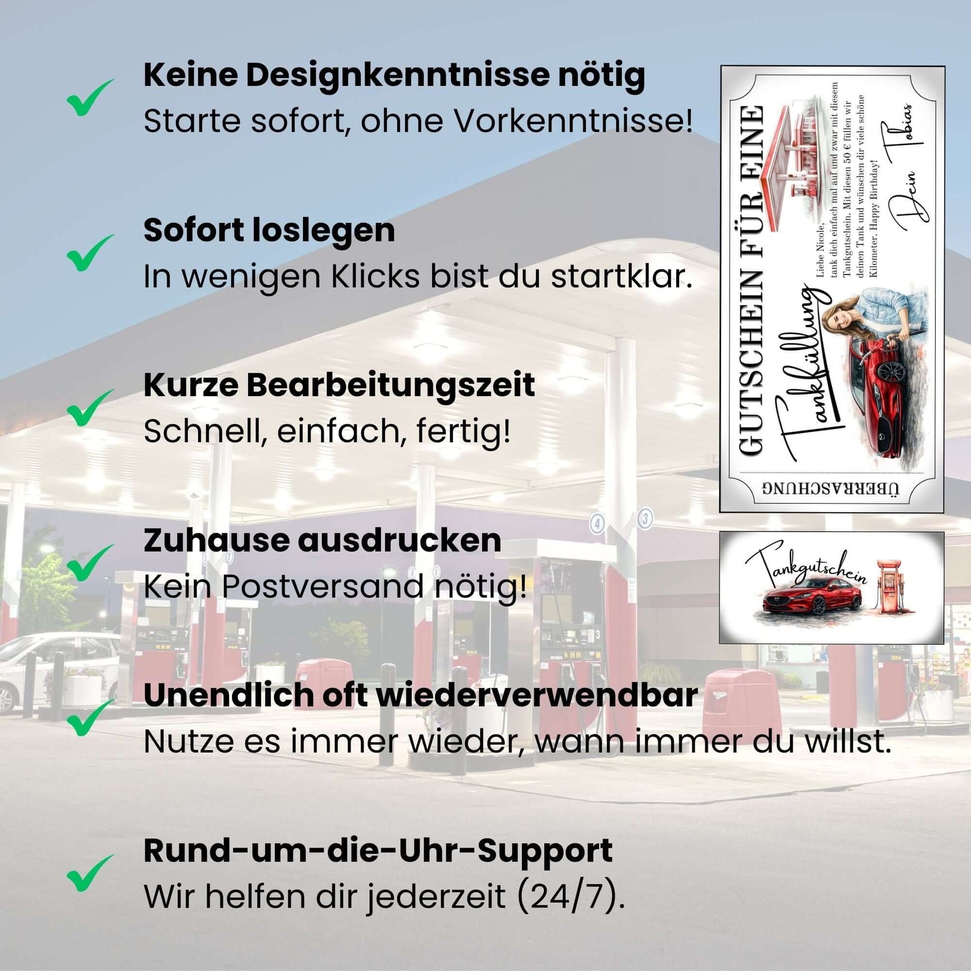 Tankgutschein Überraschung druckbar, einfach zuhause ausdrucken, sofort starten, hilfreicher Support 24/7.