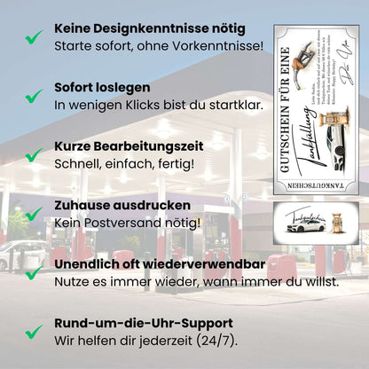 Tankgutschein Geschenk mit Druckoptionen und rund-um-die-Uhr-Support, ideal für Autofahrer.