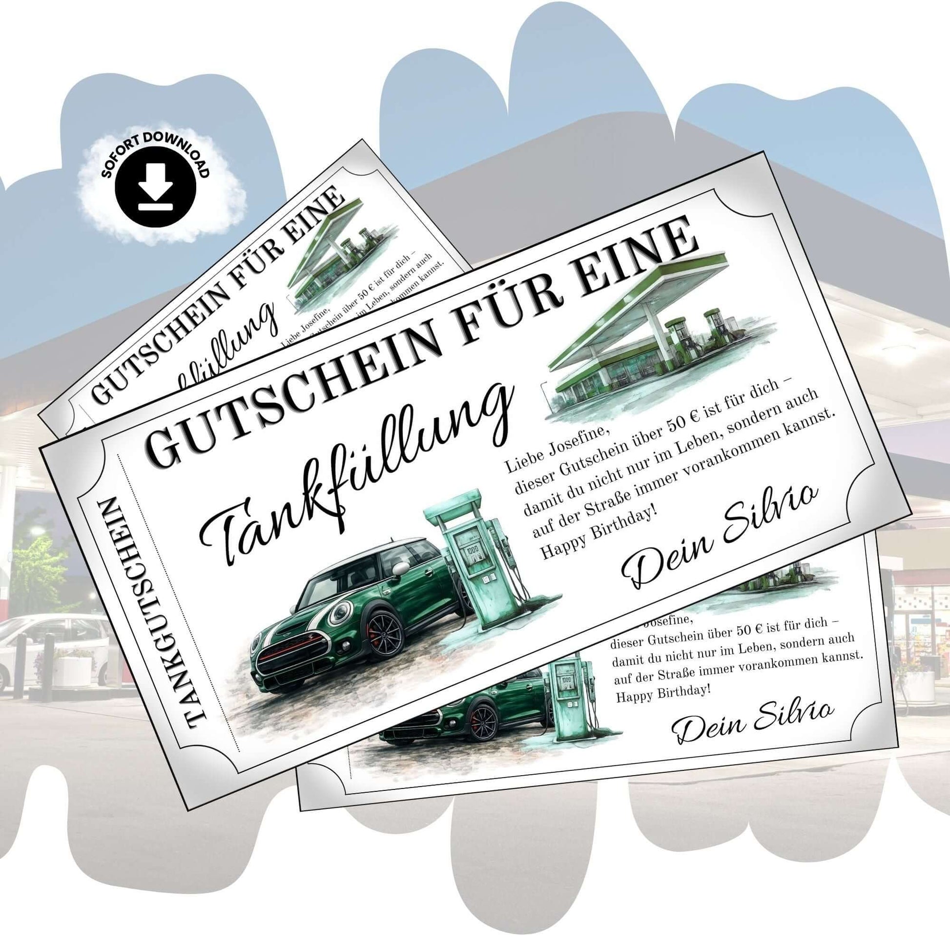 Tankgutschein für eine Tankfüllung mit MINI Cooper in grün, ideal für MINI-Fans als persönliches Geschenk.