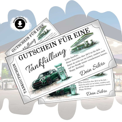 Tankgutschein für eine Tankfüllung mit MINI Cooper in grün, ideal für MINI-Fans als persönliches Geschenk.