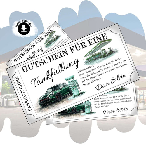 Tankgutschein für eine Tankfüllung mit MINI Cooper in grün, ideal für MINI-Fans als persönliches Geschenk.